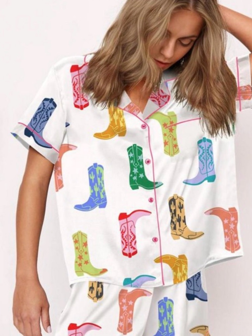 Women's White Short-Sleeve Pajama Top with Multicolor Cowboy Boot Print